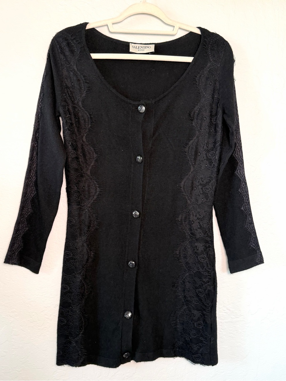 Valentino Roma Black Lace Trim Button Front Long Sleeve Dress Cardigan Size 2